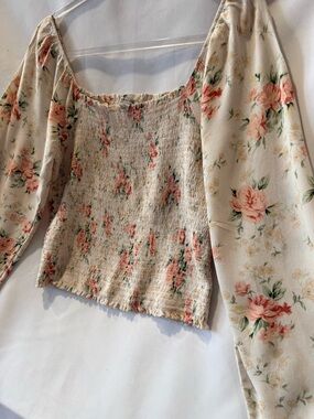 American Eagle Outfitters Cream Floral Smocked Crop Top with Pink Roses